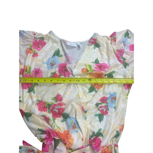 Willow + Root Floral Puff Sleeve Wrap Blouse Size L Tie Waist Boho Romantic Top - Picture 4 of 6